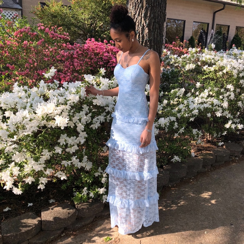Fashion nova baby blue lace ruffle maxi